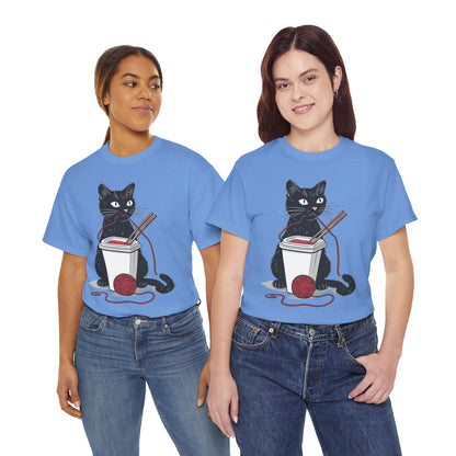 Black Cat w/Noodles + Yarn Ball Art Drawing Tee Shirt