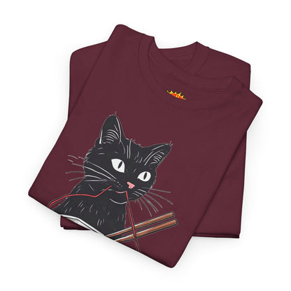 Black Cat w/Noodles + Yarn Ball Art Drawing Tee Shirt