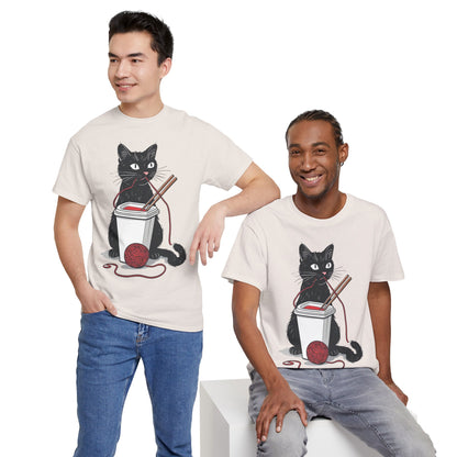 Black Cat w/Noodles + Yarn Ball Art Drawing Tee Shirt