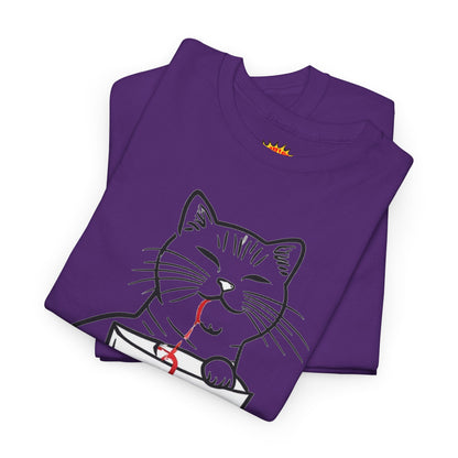 Cat w/Noodle Cup + Yarn Ball Art Drawing Tee Shirt