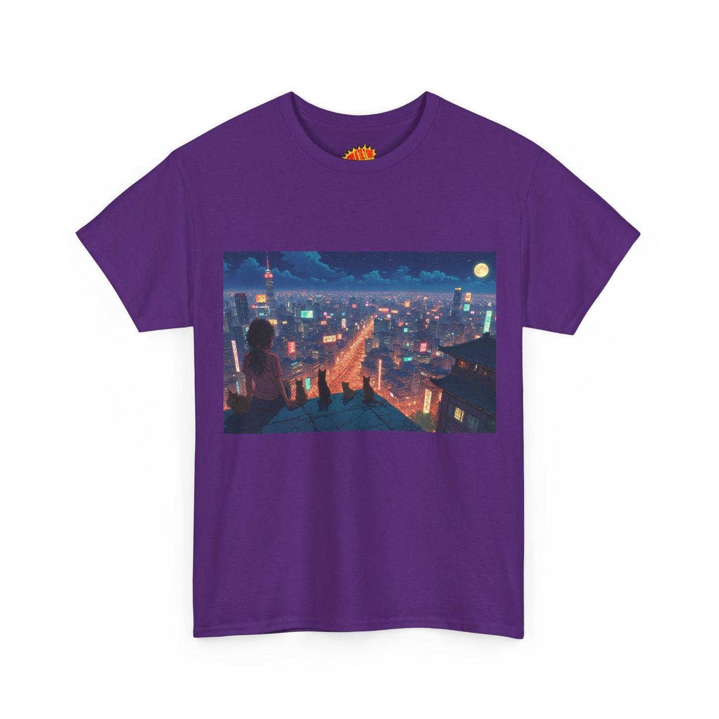 Anime Neon Cityscape Scene w/Girl & Cats T-Shirt *Multiple Colors*