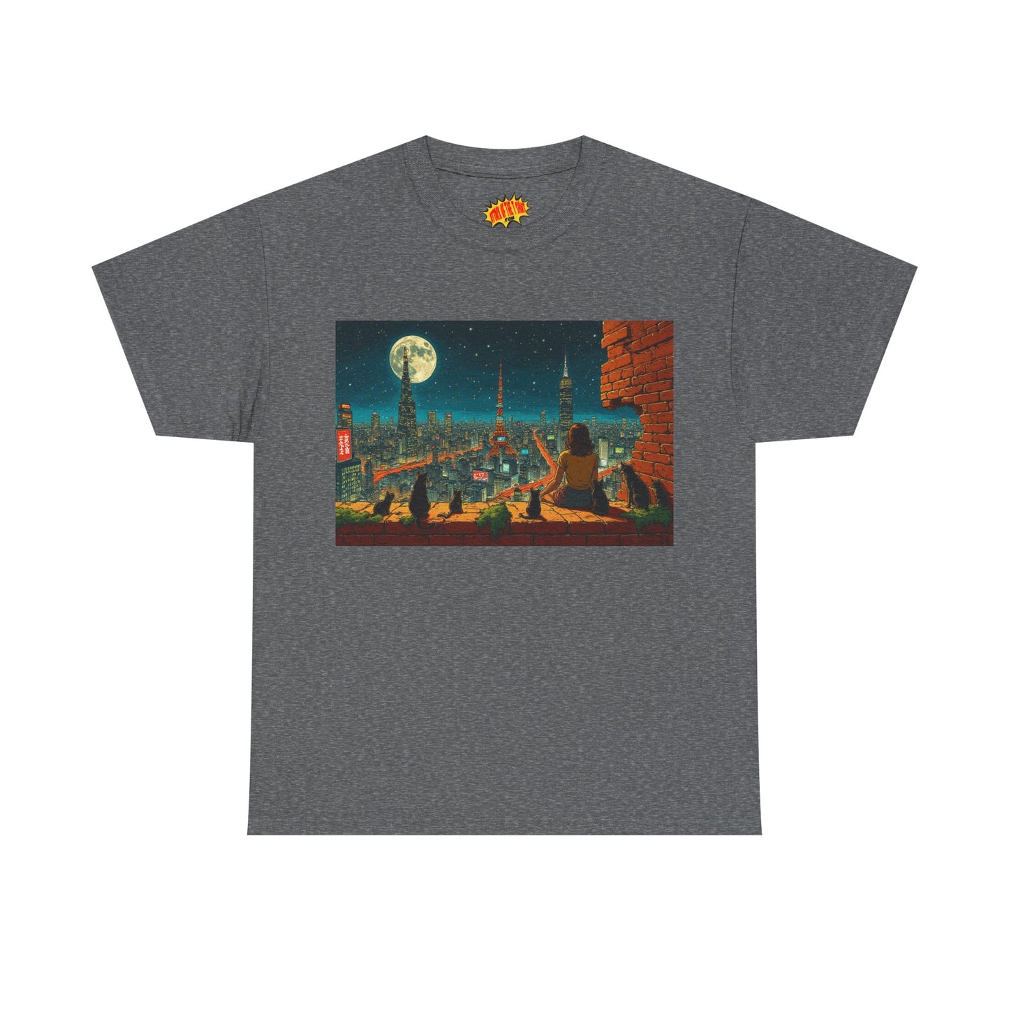 Anime Cityscape Full Moon Scene w/Girl & Cats T-Shirt *Multiple Colors*