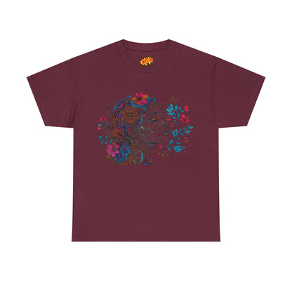 Multicolor Line Drawing Human Graphic Flower Art Tee Shirt