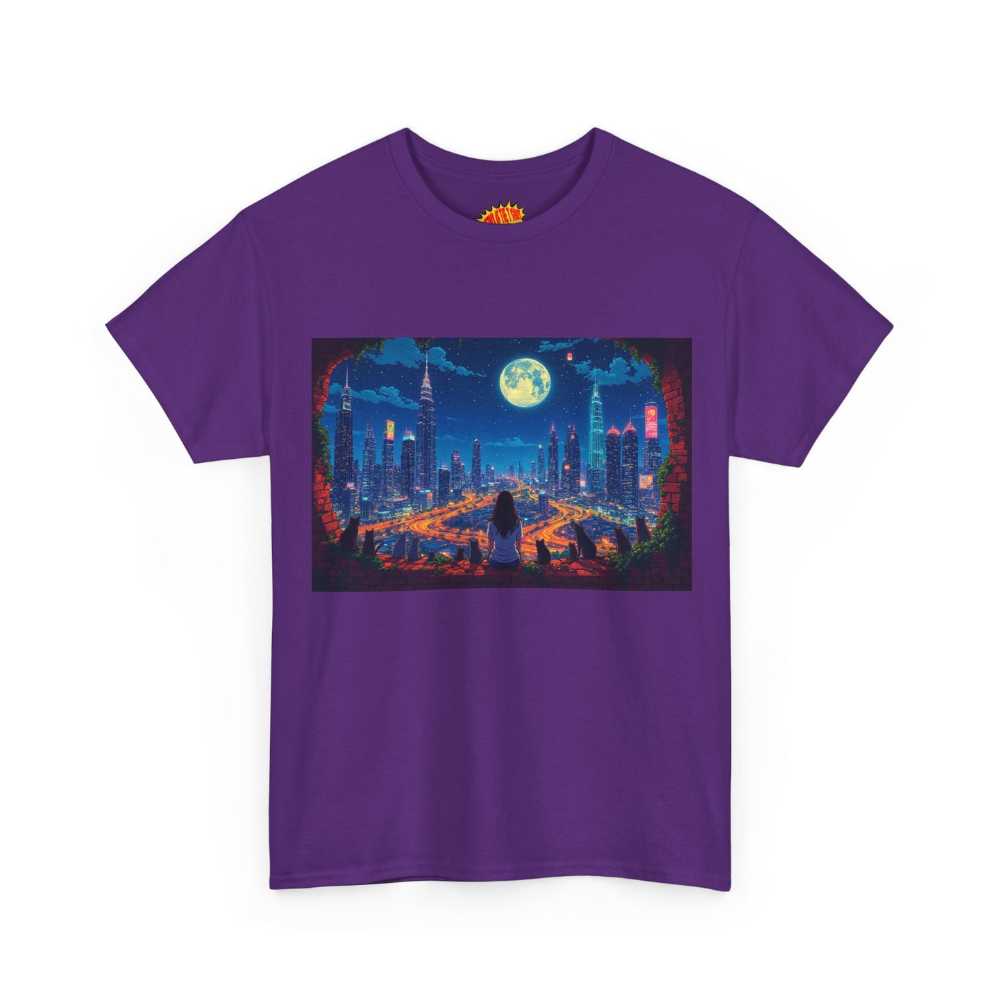 Anime City Night Scene w/Girl & Cats T-Shirt *Multiple Colors*