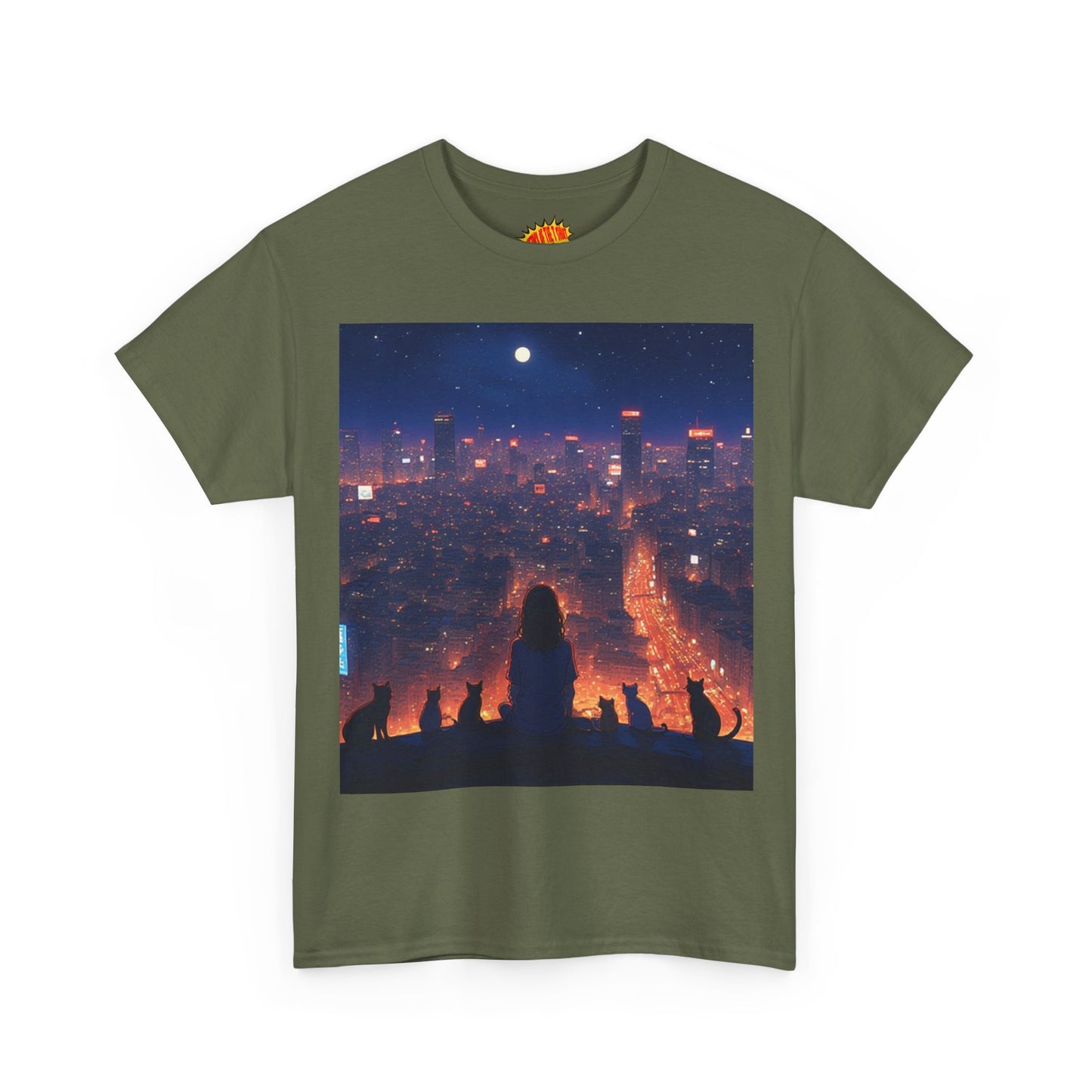 Neon City Anime Nighttime Scene w/Girl & Cats T-Shirt *Multiple Colors*