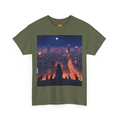 Neon City Anime Nighttime Scene w/Girl & Cats T-Shirt