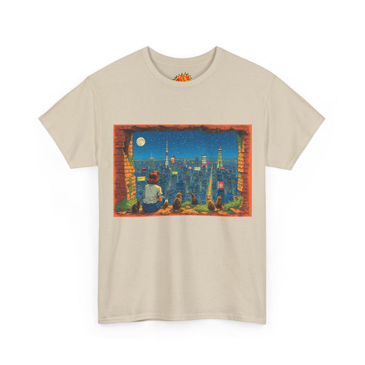 Vintage Anime Night Cityscape w/Girl & Cats T-Shirt *Multiple Colors*