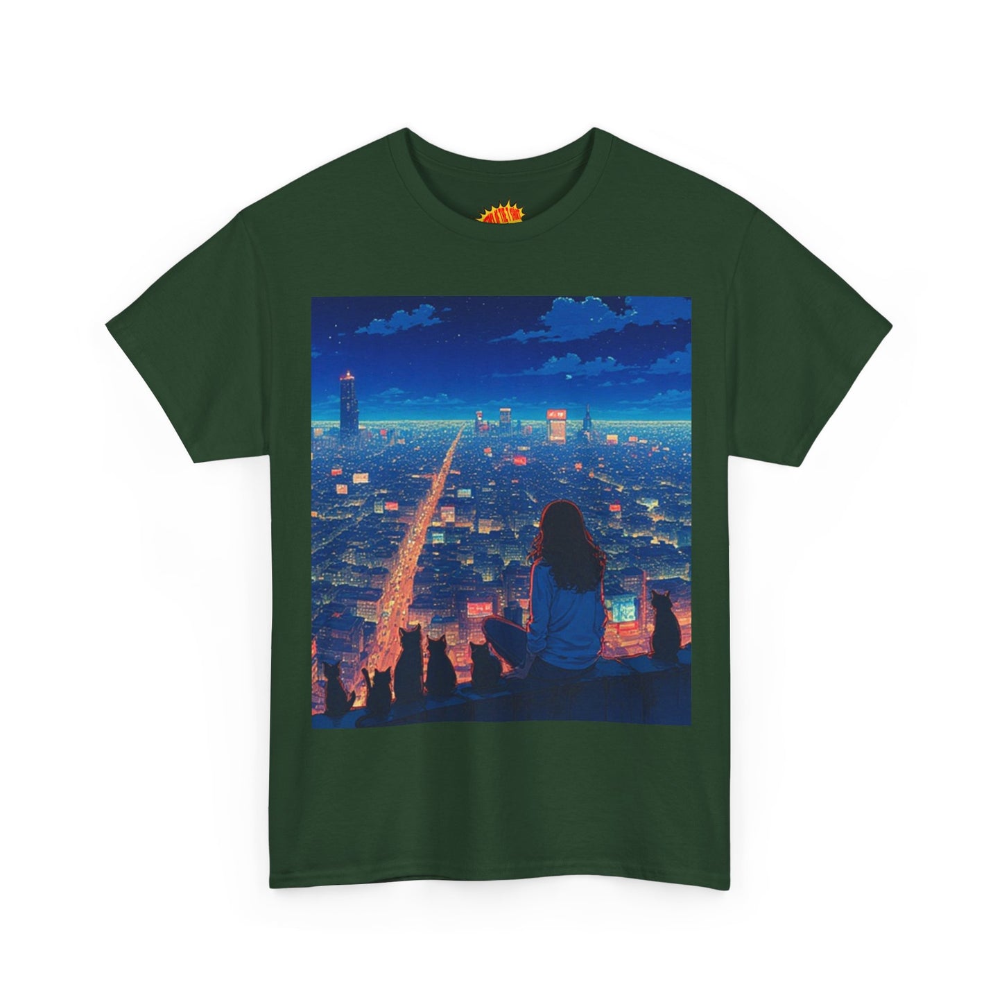 Anime Cityscape Night Sky Scene w/Girl & Cats T-Shirt *Multiple Colors*