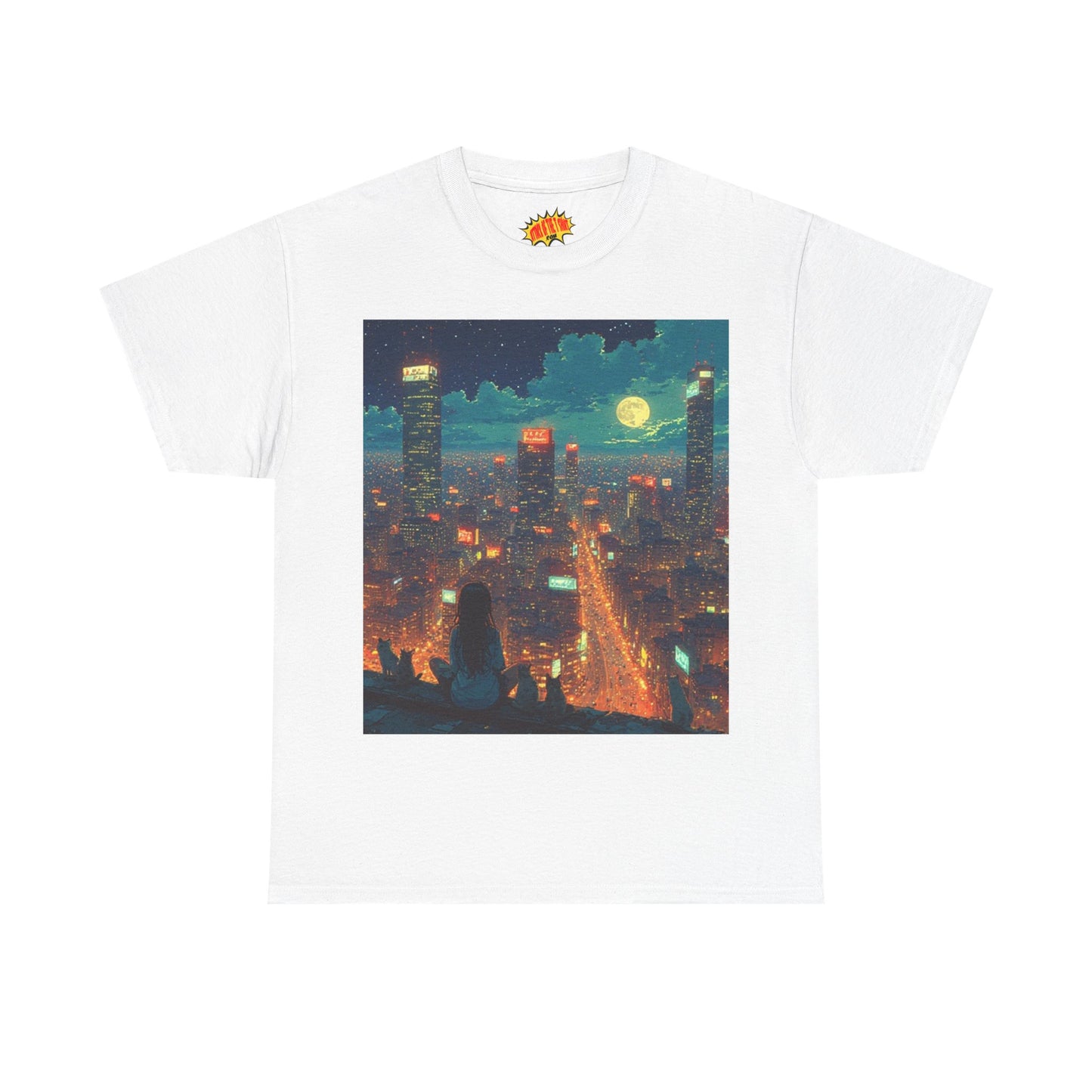 Nighttime Neon Anime Cityscape w/Girl & Cats T-Shirt *Multiple Colors*