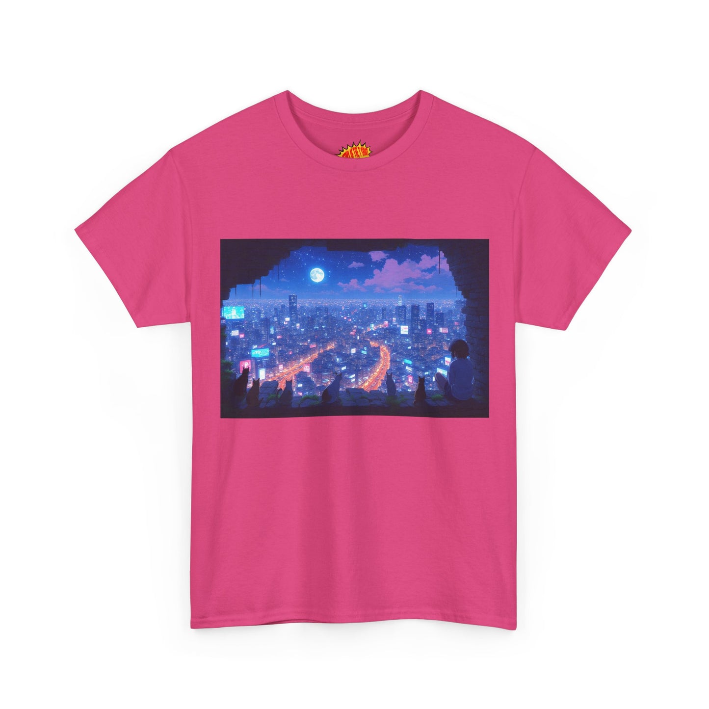 Anime Neon Cityscape Night Scene w/Girl & Cats T-Shirt *Multiple Colors*