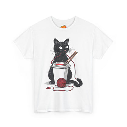 Black Cat w/Noodles + Yarn Ball Art Drawing Tee Shirt