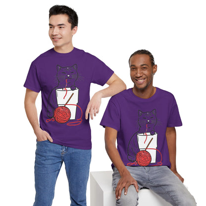 Cat w/Noodle Cup + Yarn Ball Art Drawing Tee Shirt
