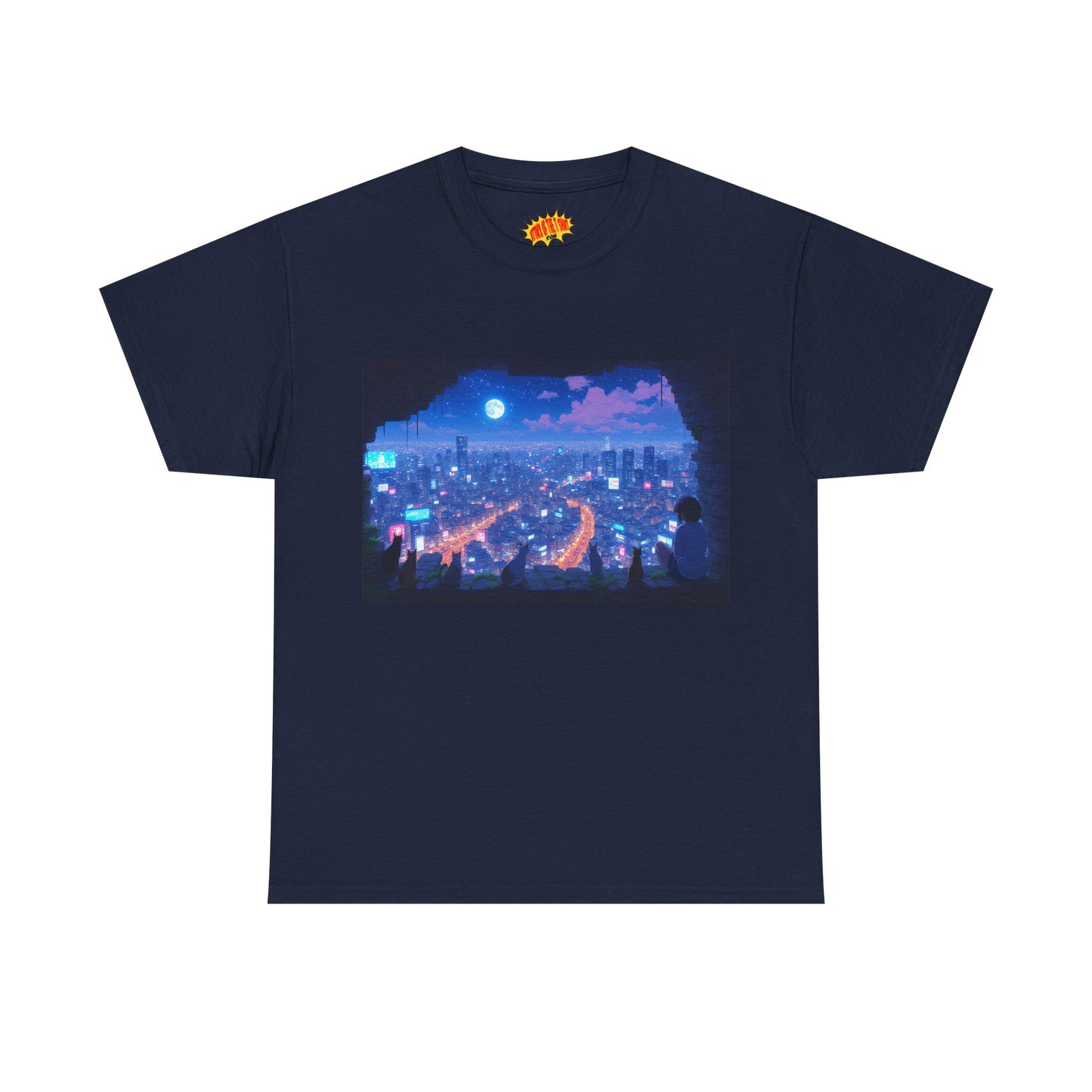 Anime Neon Cityscape Night Scene w/Girl & Cats T-Shirt *Multiple Colors*