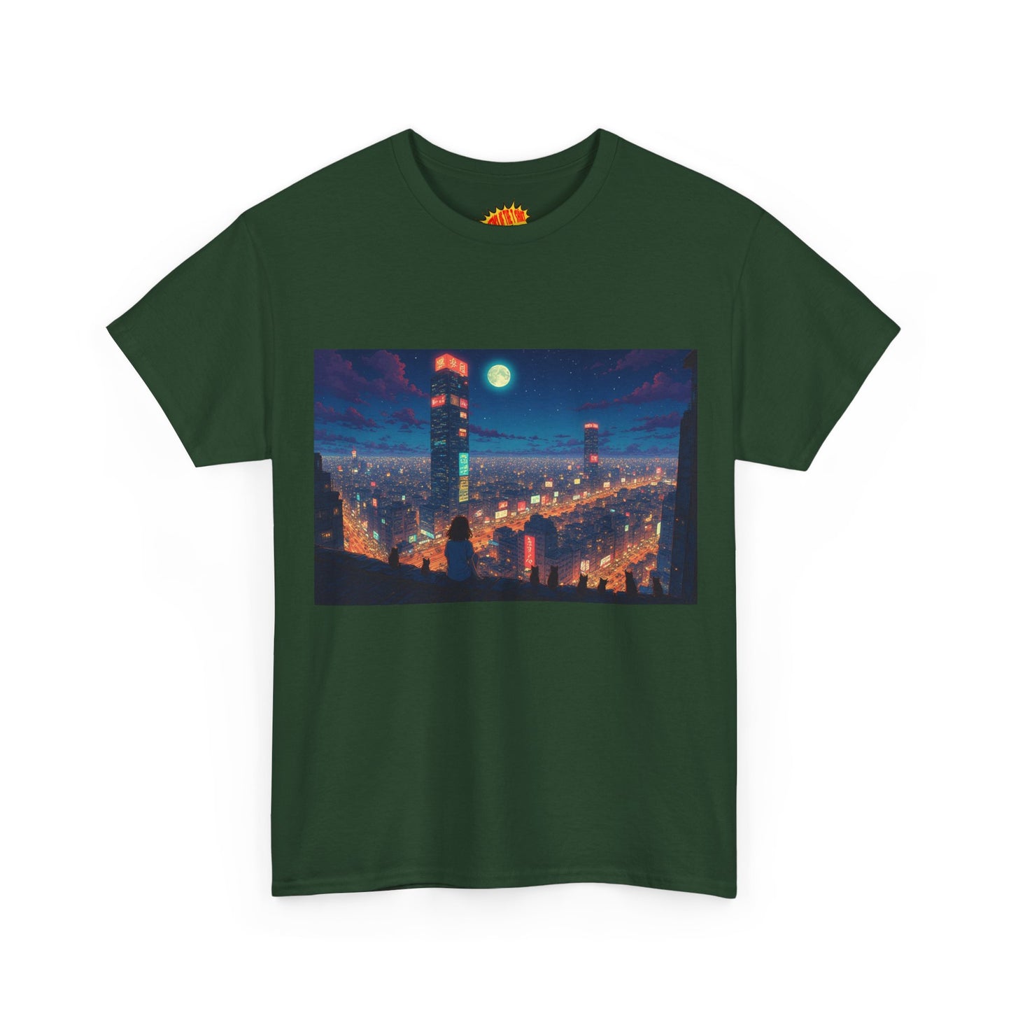 Neon Anime Style City Scene w/Girl & Cats T-Shirt *Multiple Colors*