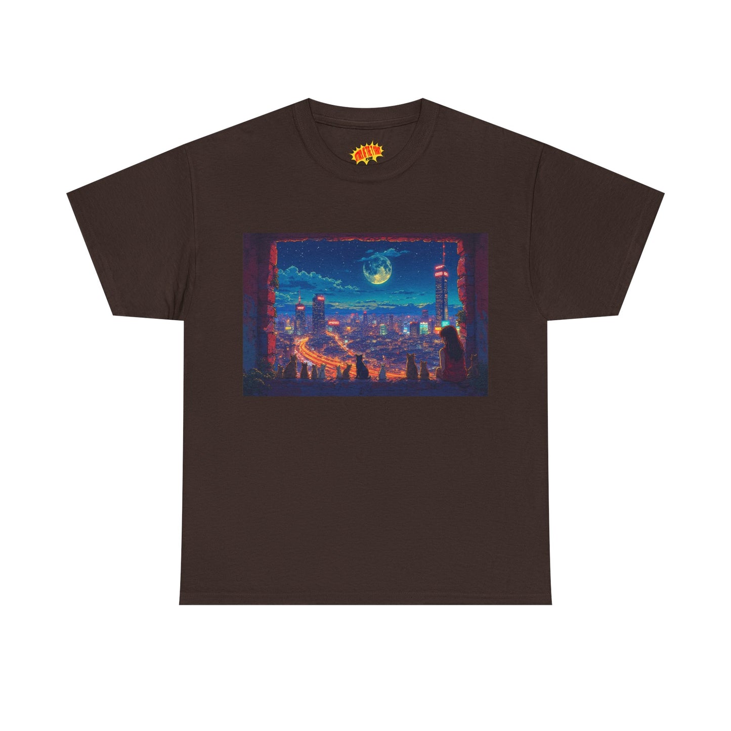 Anime Cityscape Night Scene w/Girl & Cats T-Shirt *Multiple Colors*