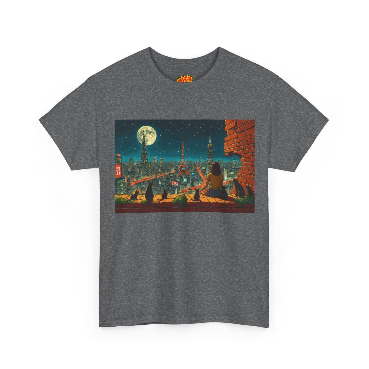 Anime Cityscape Full Moon Scene w/Girl & Cats T-Shirt *Multiple Colors*