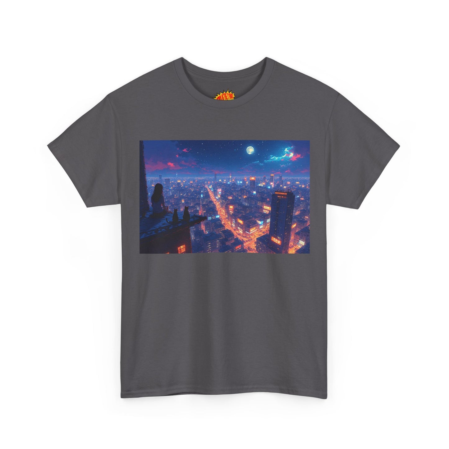 Nighttime Neon Anime Cityscape w/Cats T-Shirt *Multiple Colors*