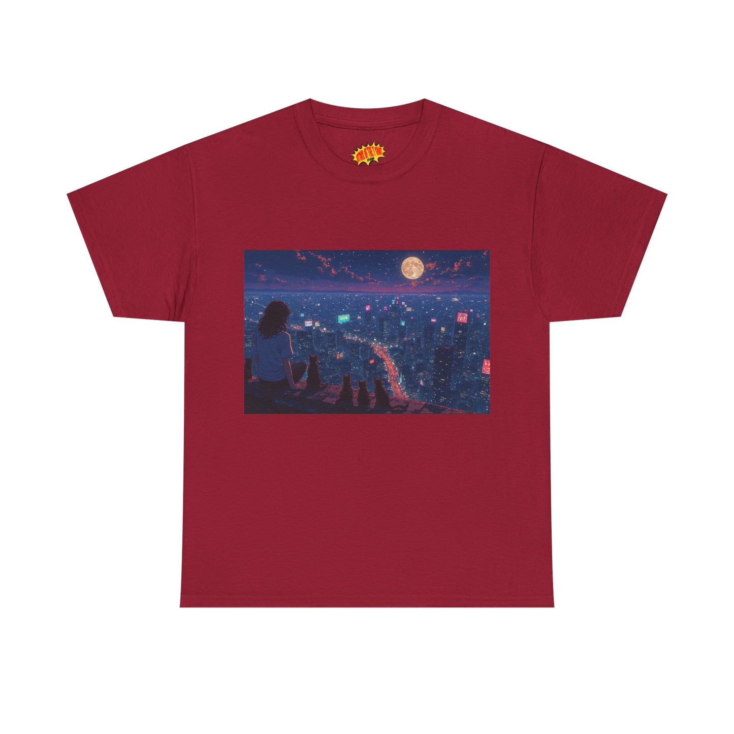 Anime Nighttime Cityscape w/Girl & Cats T-Shirt *Multiple Colors*