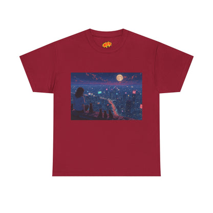Anime Nighttime Cityscape w/Girl & Cats T-Shirt