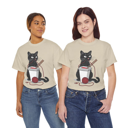 Black Cat w/Noodles + Yarn Ball Art Drawing Tee Shirt