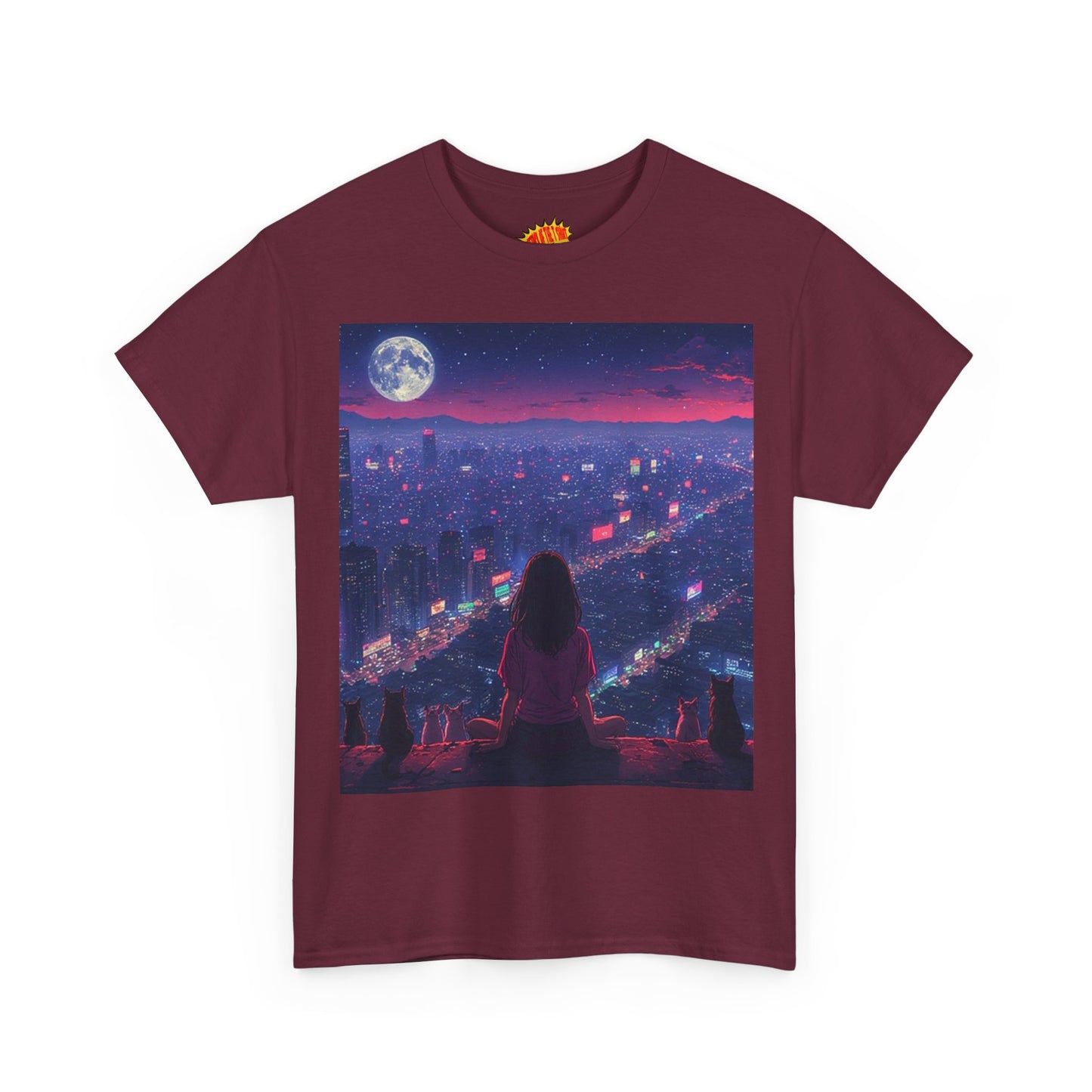 Anime City Neon Night Scene w/Girl & Cats T-Shirt *Multiple Colors*
