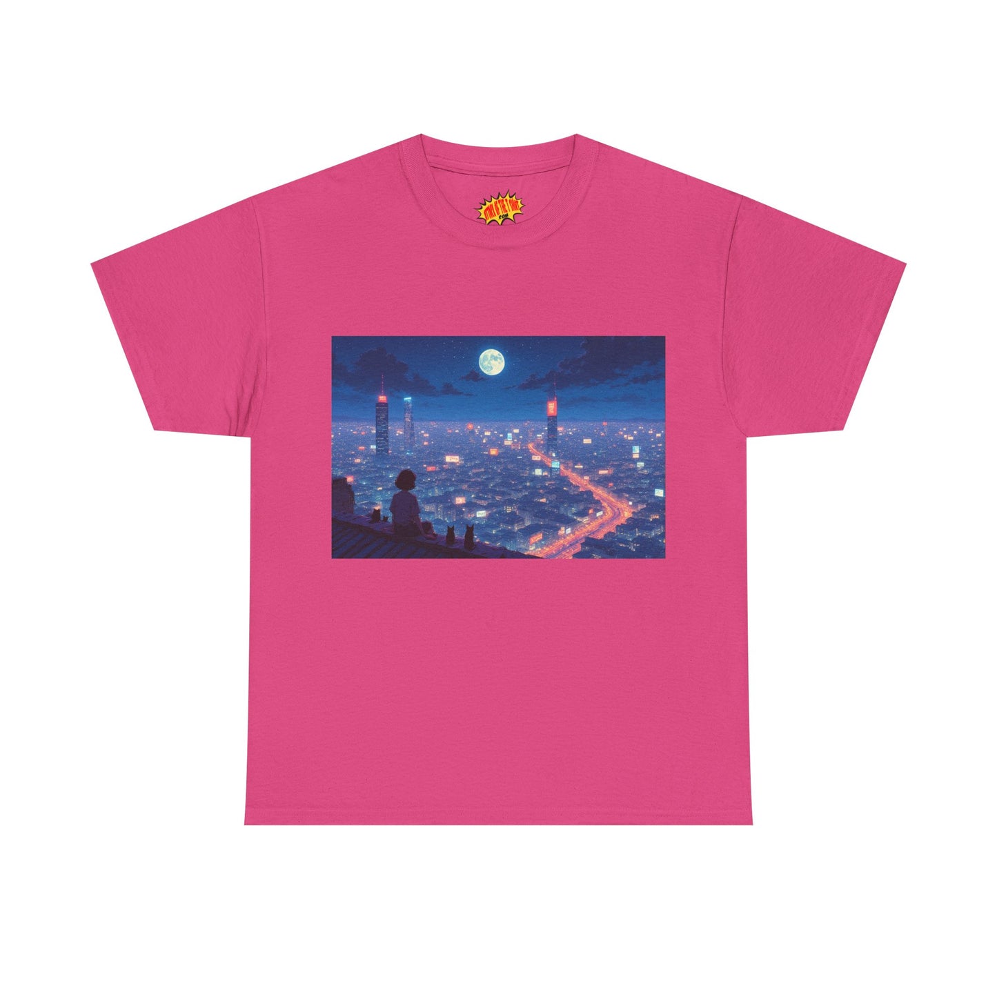 Anime Neon City Full Moon Scene w/Girl & Cats T-Shirt *Multiple Colors*