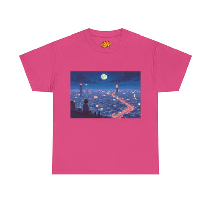 Anime Neon City Full Moon Scene w/Girl & Cats T-Shirt