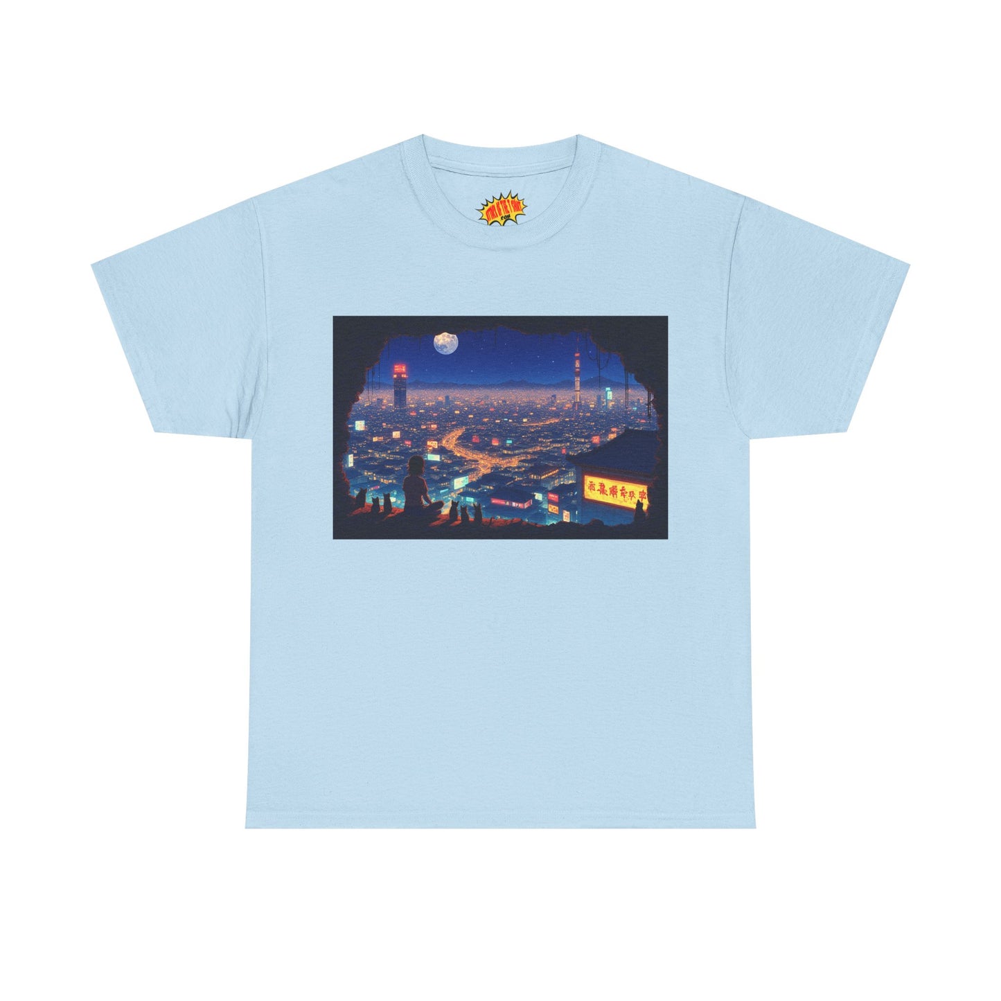 Anime Neon Cityscape Scene w/Girl & Cats T-Shirt *Multiple Colors*