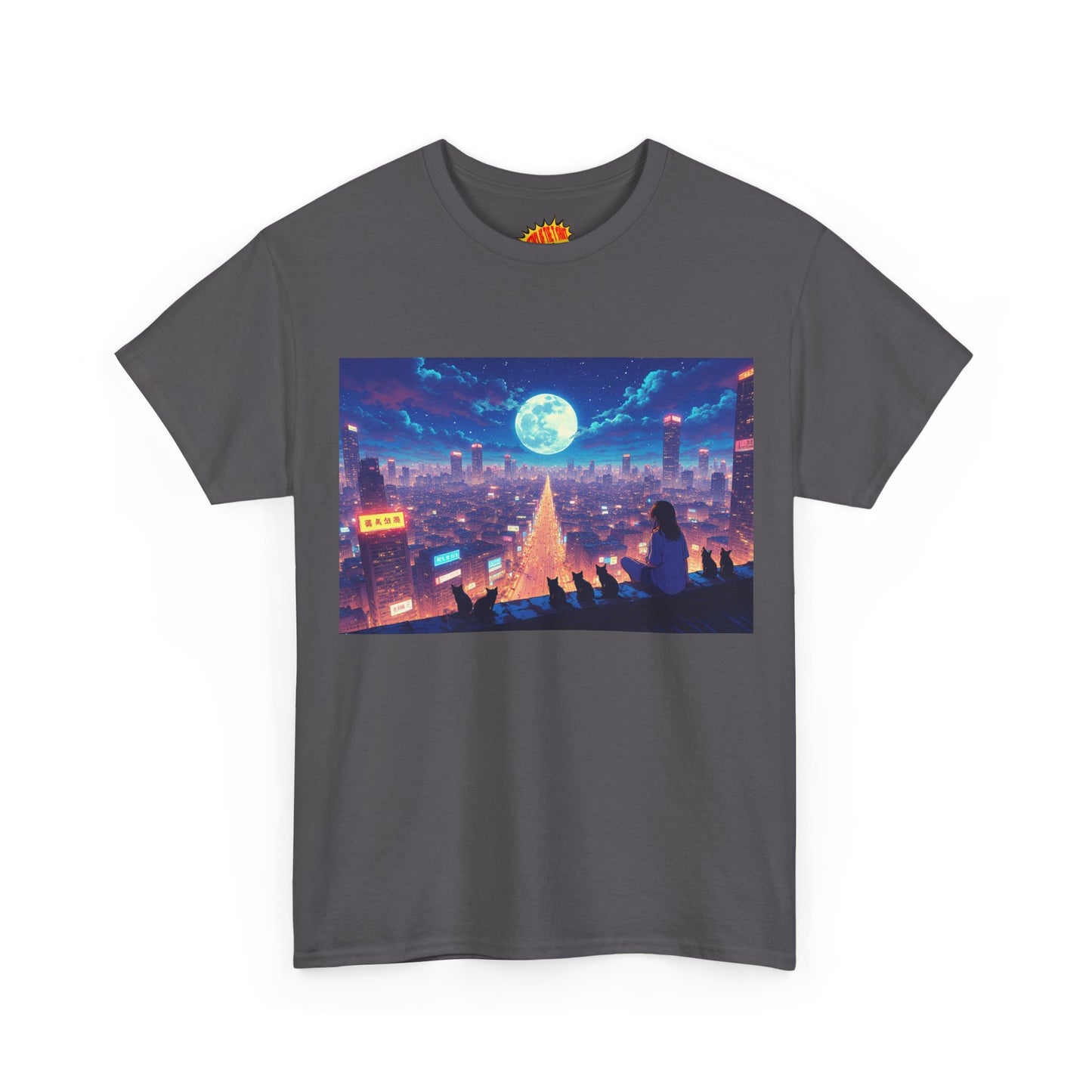 Anime Neon Night Cityscape w/Cats T-Shirt *Multiple Colors*