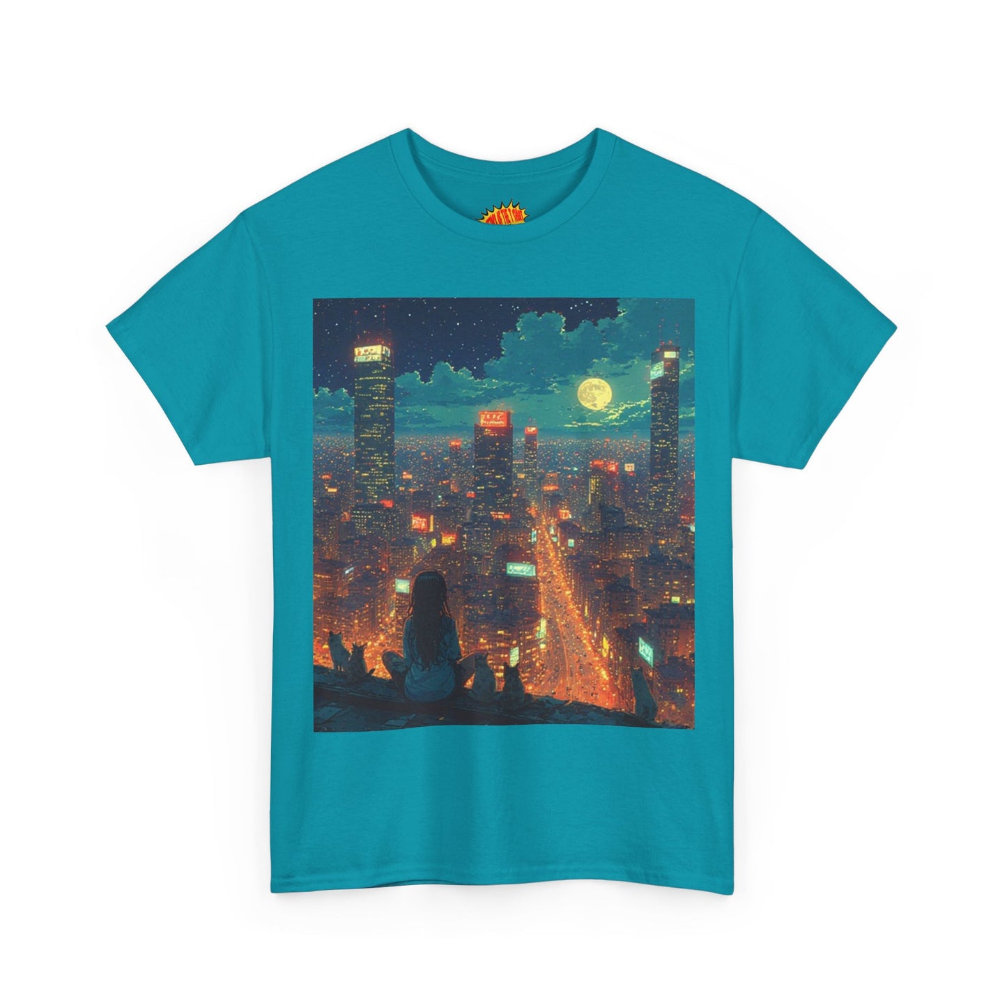 Nighttime Neon Anime Cityscape w/Girl & Cats T-Shirt *Multiple Colors*