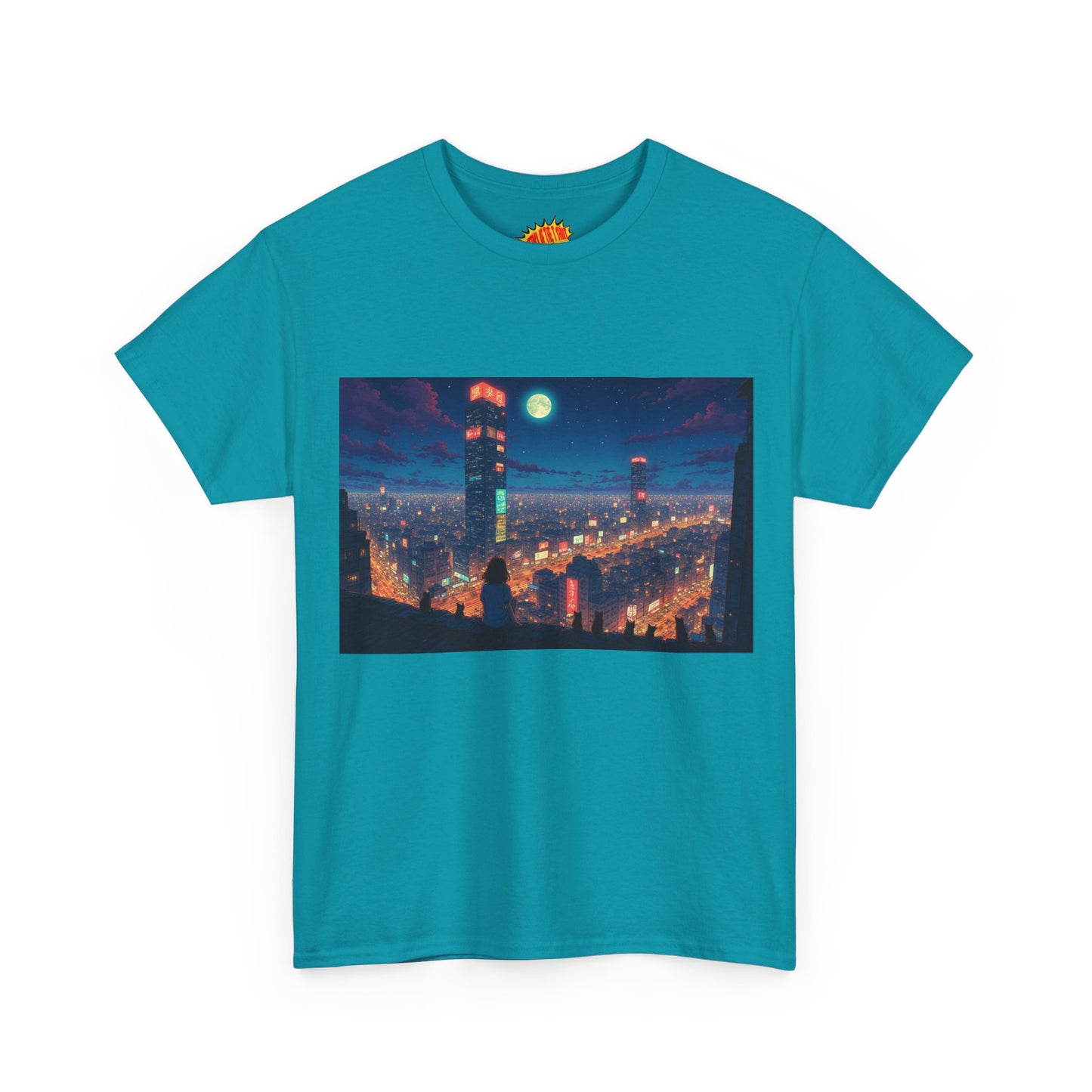 Neon Anime Style City Scene w/Girl & Cats T-Shirt *Multiple Colors*