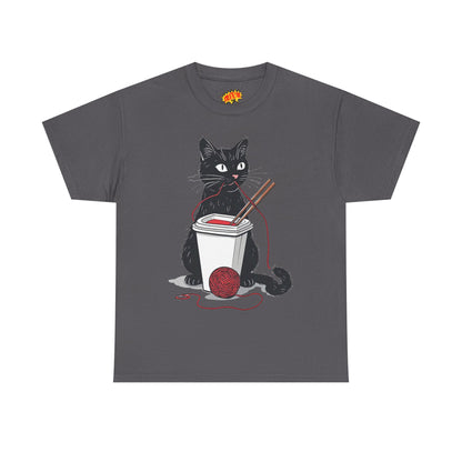 Black Cat w/Noodles + Yarn Ball Art Drawing Tee Shirt