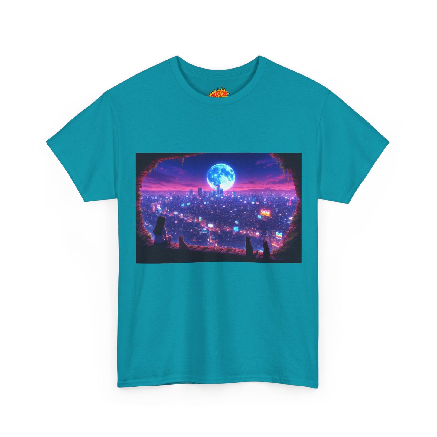 Neon Anime Cityscape Full Moon Scene w/Girl & Cats T-Shirt *Multiple Colors*