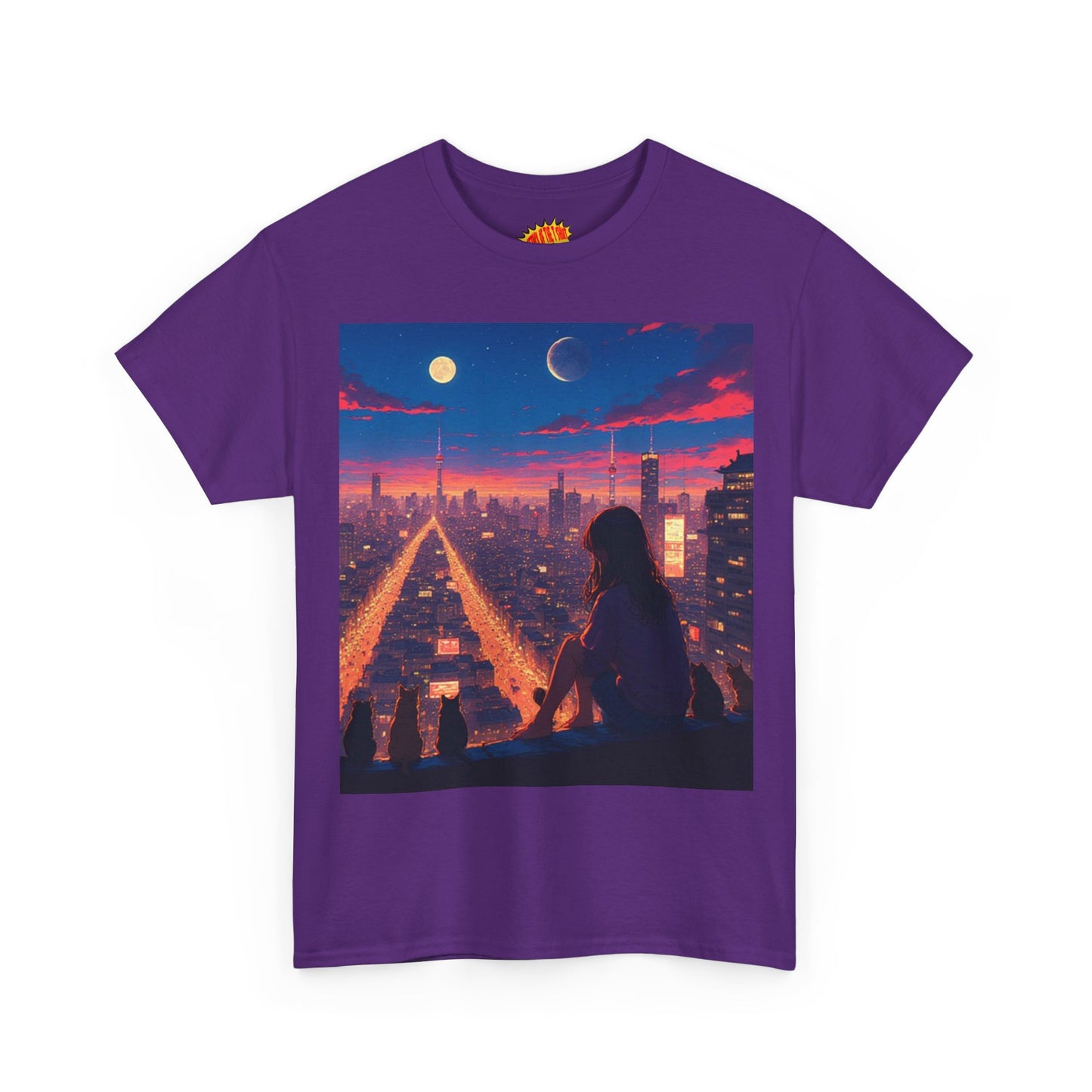 Anime City Twin Moon Scene w/Cats T-Shirt *Multiple Colors*