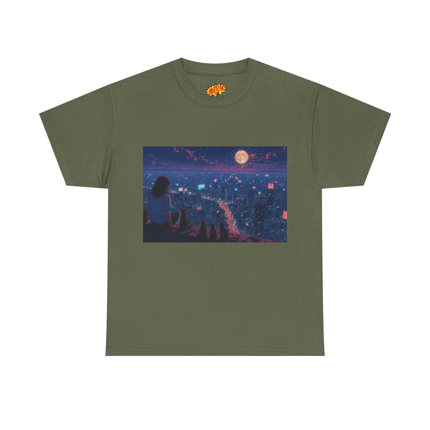 Anime Nighttime Cityscape w/Girl & Cats T-Shirt *Multiple Colors*