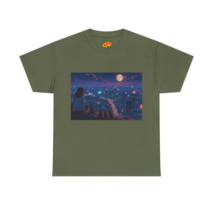Anime Nighttime Cityscape w/Girl & Cats T-Shirt