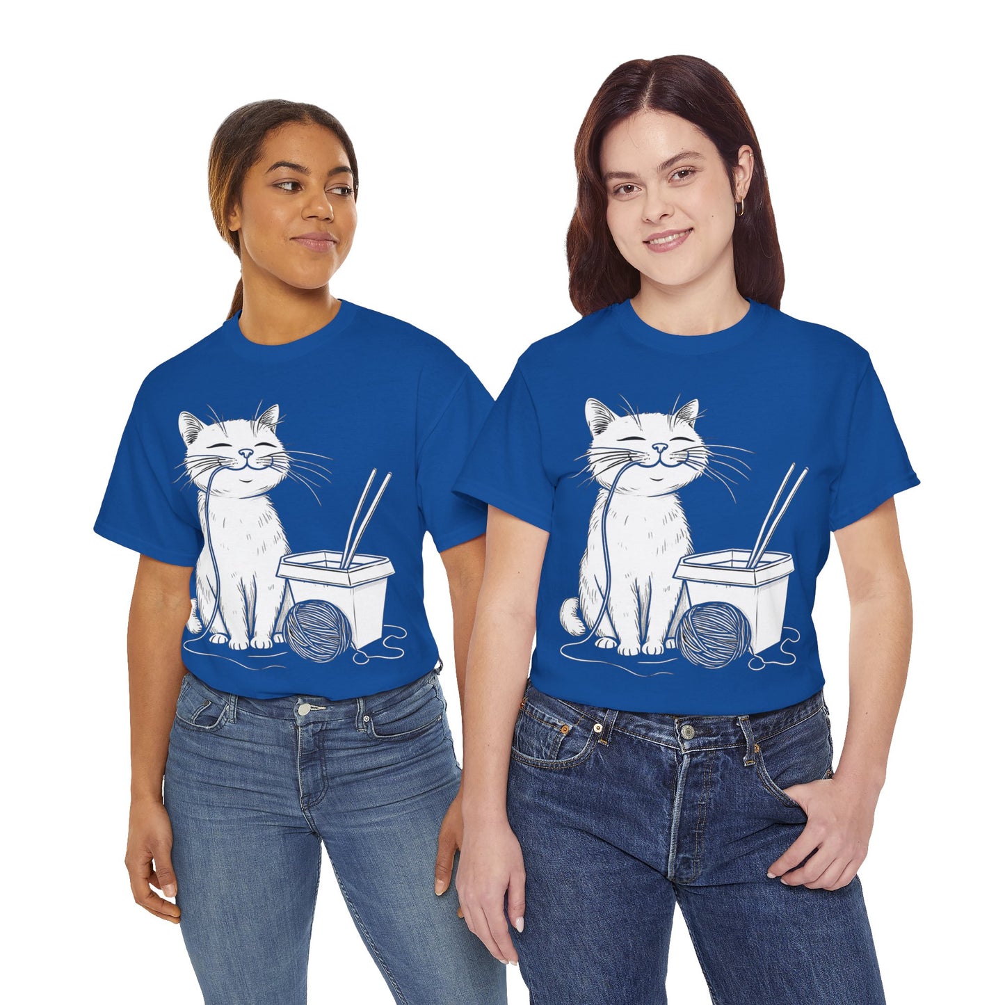 Happy Cat w/Noodles + Yarn Ball Art Drawing Tee Shirt *Multiple Colors*