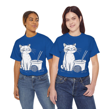 Happy Cat w/Noodles + Yarn Ball Art Drawing Tee Shirt