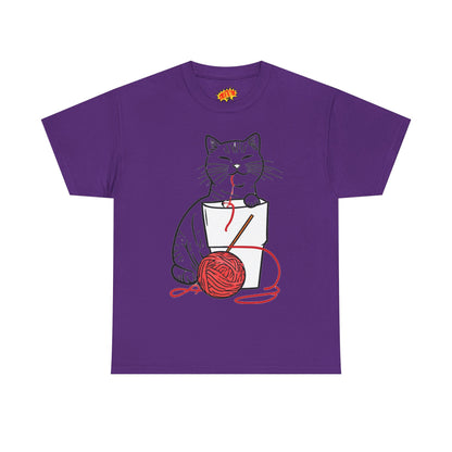 Cat w/Noodle Cup + Yarn Ball Art Drawing Tee Shirt