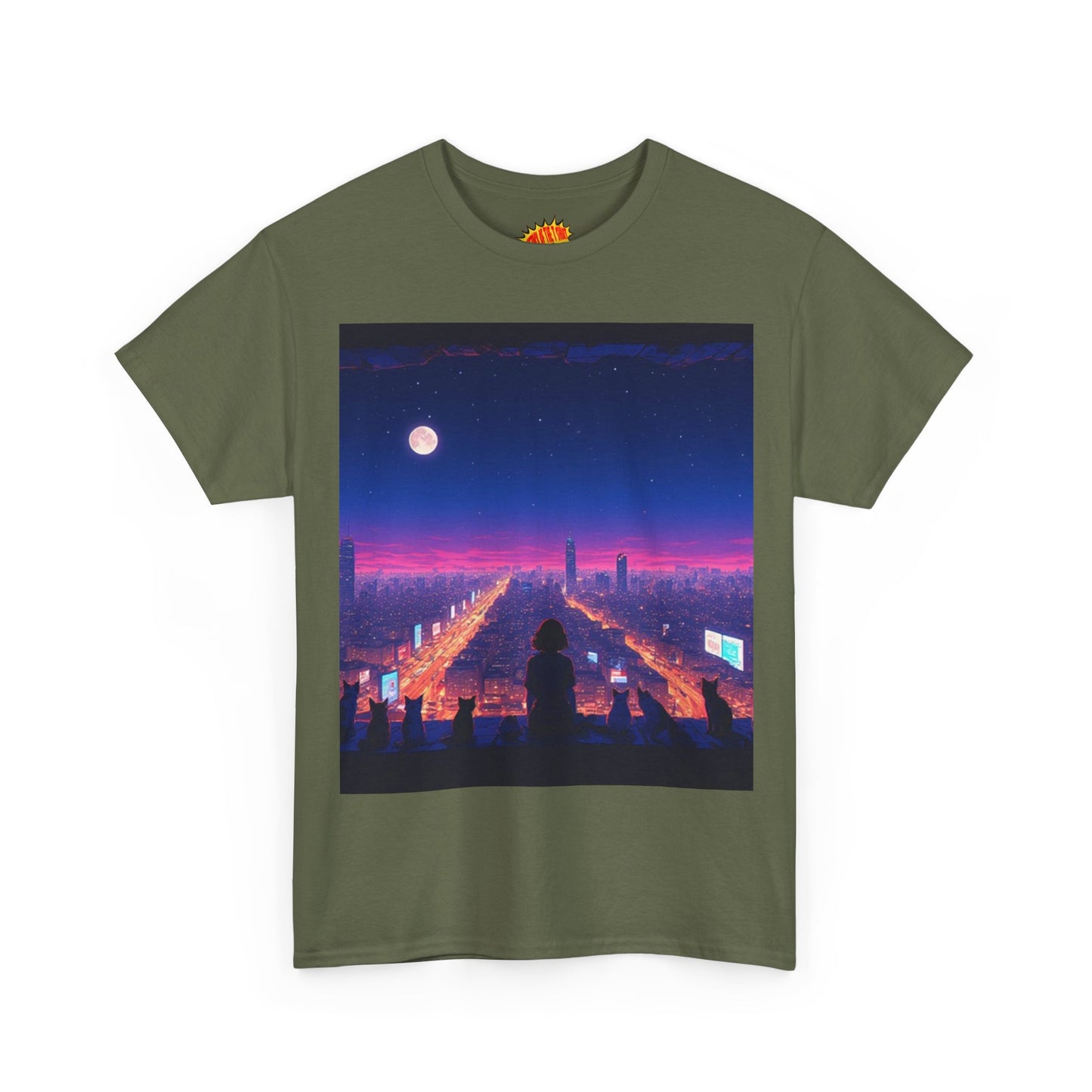 Anime City Full Moon Scene w/Girl & Cats T-Shirt *Multiple Colors*