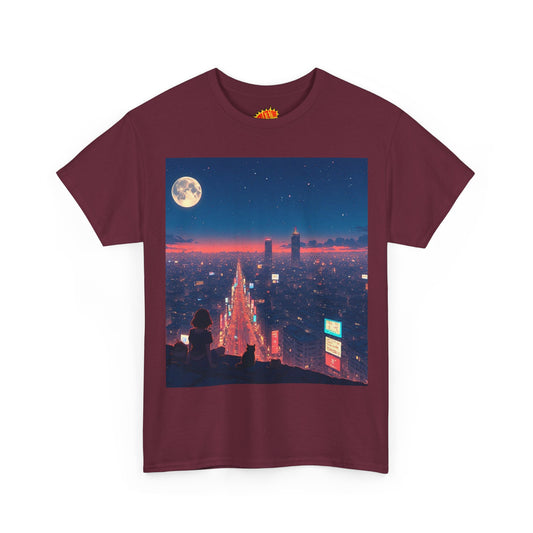 Anime Neon City Night Scene w/Girl & Cats T-Shirt *Multiple Colors*