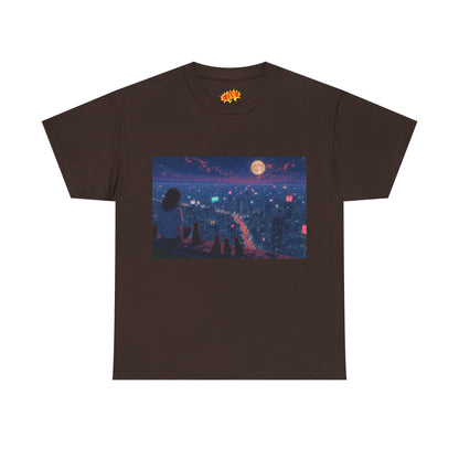 Anime Nighttime Cityscape w/Girl & Cats T-Shirt