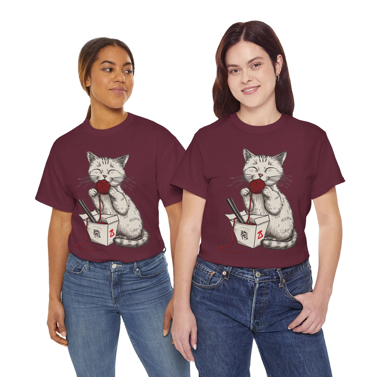 Cat w/Takeout Yarn Noodles Art Tee Shirt *Multiple Colors*
