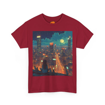 Nighttime Neon Anime Cityscape w/Girl & Cats T-Shirt