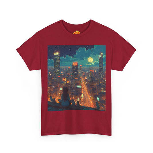 Nighttime Neon Anime Cityscape w/Girl & Cats T-Shirt *Multiple Colors*