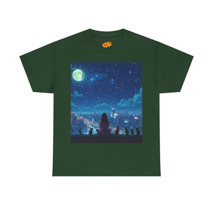 Anime Full Moon City Scene w/Girl & Cats T-Shirt