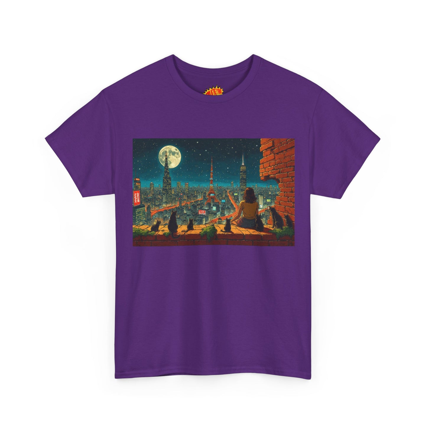 Anime Cityscape Full Moon Scene w/Girl & Cats T-Shirt *Multiple Colors*