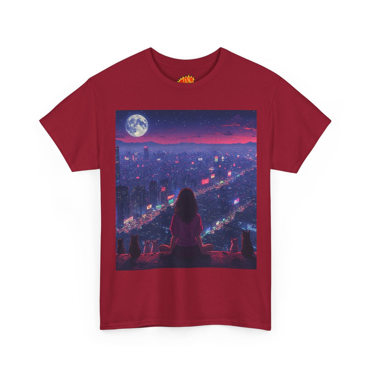 Anime City Neon Night Scene w/Girl & Cats T-Shirt *Multiple Colors*