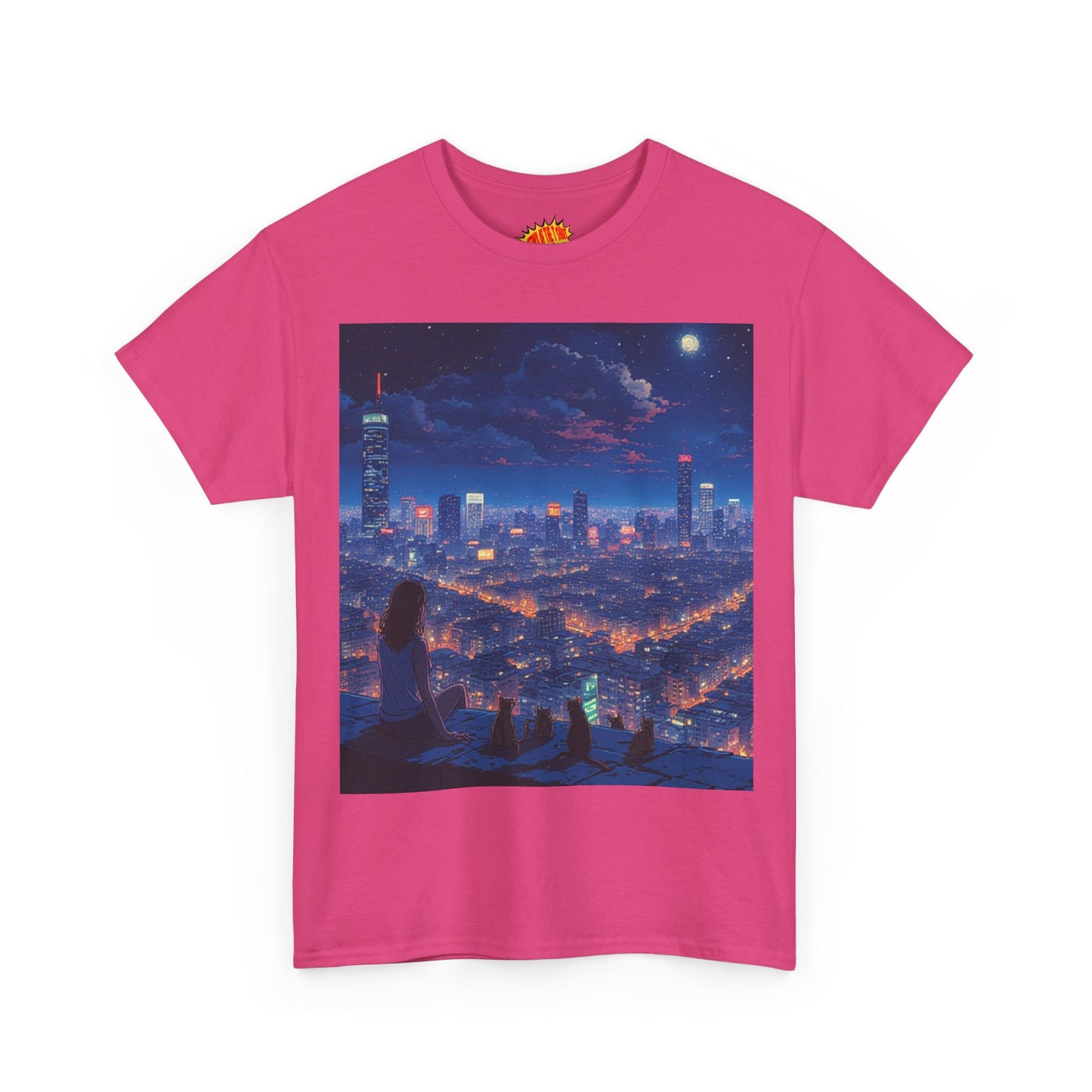 Neon Anime Cityscape Scene w/Girl & Cats T-Shirt *Multiple Colors*