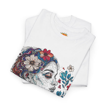Multicolor Line Drawing Human Graphic Flower Art Tee Shirt